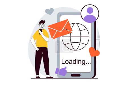 Illustration for Social network concept with people scene in flat design for web. Man browsing in mobile app, sending emails, leaving comments or likes. Vector illustration for social media banner, marketing material. - Royalty Free Image