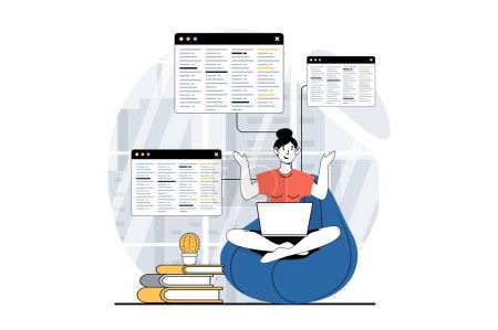 Illustration for Software development concept with people scene in flat design for web. Woman works with programming code in many screens in office. Vector illustration for social media banner, marketing material. - Royalty Free Image