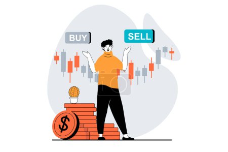 Illustration for Stock market concept with people scene in flat design for web. Man analyzing risks and making decision with options of buy or sell. Vector illustration for social media banner, marketing material. - Royalty Free Image