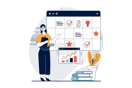 Illustration for Strategic planning concept with people scene in flat design for web. Woman creating tasks in calendar, makes work schedule of workflow. Vector illustration for social media banner, marketing material. - Royalty Free Image