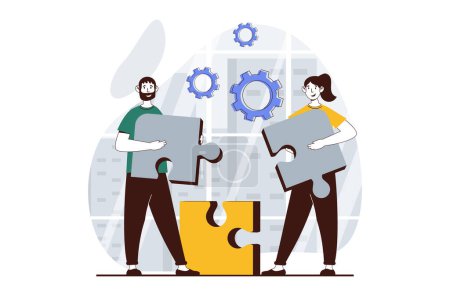 Illustration for Teamwork concept with people scene in flat design for web. Woman and man holding puzzle pieces, working on project and supporting. Vector illustration for social media banner, marketing material. - Royalty Free Image