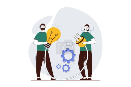 Illustration for Teamwork concept with people scene in flat design for web. Woman with plug and man with light bulb collaborating and cooperating. Vector illustration for social media banner, marketing material. - Royalty Free Image