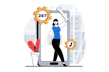 Illustration for Technical support concept with people scene in flat design for web. Woman working in call center, consulting and solving problems. Vector illustration for social media banner, marketing material. - Royalty Free Image
