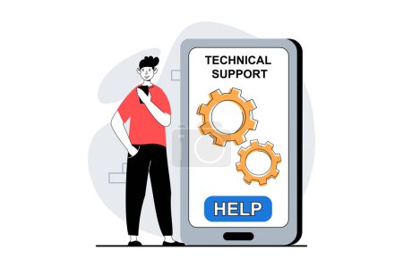 Illustration for Technical support concept with people scene in flat design for web. Man calling in tech help desk, getting consultation and solution. Vector illustration for social media banner, marketing material. - Royalty Free Image