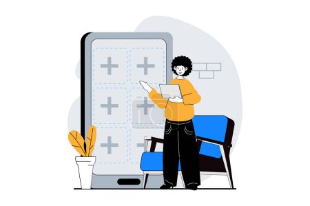 Illustration for Web development concept with people scene in flat design. Man creating layout with empty blocks of mobile application interface. Vector illustration for social media banner, marketing material. - Royalty Free Image