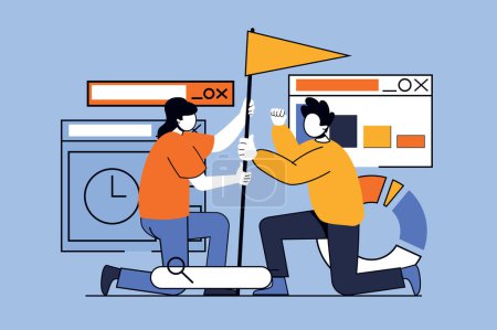 Illustration for Teamwork concept with people scene in flat design for web. Man and woman set flag together, working in cooperation, achieving goals. Vector illustration for social media banner, marketing material. - Royalty Free Image