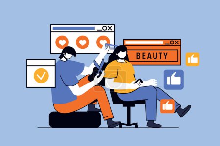 Illustration for Beauty salon concept with people scene in flat design for web. Hairdresser with comb and scissor makes haircut or procedure for client. Vector illustration for social media banner, marketing material. - Royalty Free Image