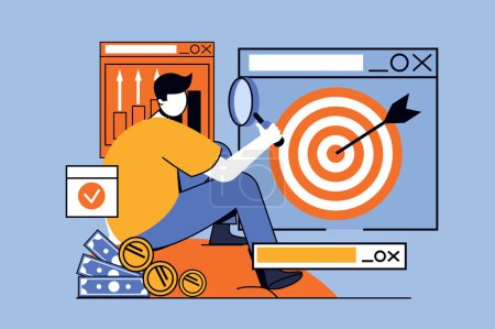 Illustration for Business target concept with people scene in flat design for web. Man researching trends and pointing aims for company development. Vector illustration for social media banner, marketing material. - Royalty Free Image