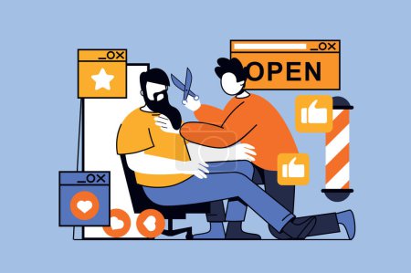 Illustration for Barbershop concept with people scene in flat design for web. Barber with scissor making haircut and beard style for client in salon. Vector illustration for social media banner, marketing material. - Royalty Free Image