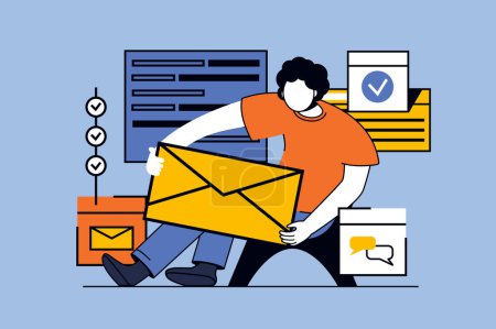 Illustration for Email service concept with people scene in flat design for web. Man making newsletters, sending letters and communicating online. Vector illustration for social media banner, marketing material. - Royalty Free Image
