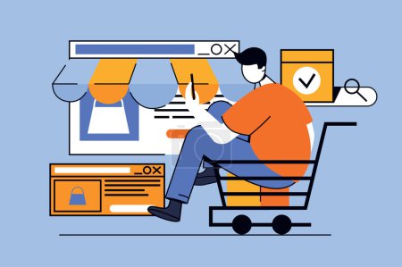 Illustration for Mobile commerce concept with people scene in flat design for web. Man choosing goods at store, ordering and paying online in app. Vector illustration for social media banner, marketing material. - Royalty Free Image