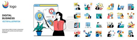 Illustration for Digital business concept with character situations mega set. Bundle of scenes people brainstorming, making development plan and targeting, investing money. Vector illustrations in flat web design - Royalty Free Image