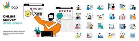 Illustration for Online survey concept with character situations mega set. Bundle of scenes people passing tests and answering quiz questions, giving feedback in digital forms. Vector illustrations in flat web design - Royalty Free Image