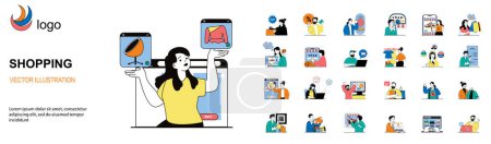 Illustration for Shopping concept with character situations mega set. Bundle of scenes people making purchases at sale, buying products in stores and boutiques, ordering online. Vector illustrations in flat web design - Royalty Free Image