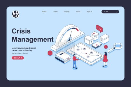 Illustration for Crisis management concept in 3d isometric design for landing page template. People analyzing speedometer data, brainstorming, solving problem, creating recovery strategy. Vector illustration for web - Royalty Free Image