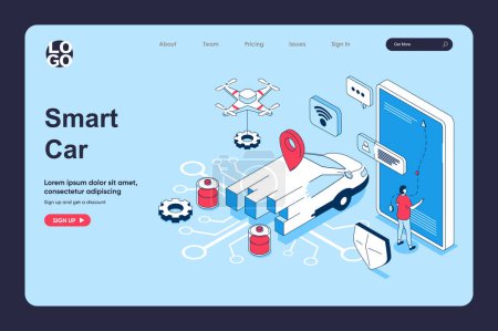 Illustration for Smart car concept in 3d isometric design for landing page template. People using autonomous automobile service with online navigation map, managing car st smartphone app. Vector illustration for web - Royalty Free Image