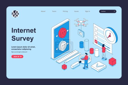 Illustration for Internet survey concept in 3d isometric design for landing page template. People answering and giving client feedback in questionnaire form, marking in checkbox list. Vector illustration for web - Royalty Free Image
