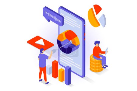 Illustration for Business and marketing concept in 3d isometric design. People analyzing data company, making report in mobile app, promoting and advertising. Vector illustration with isometry scene for web graphic - Royalty Free Image