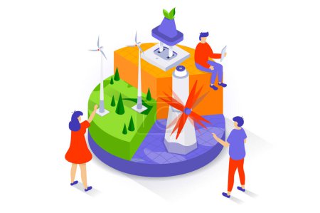 Illustration for Eco lifestyle concept in 3d isometric design. People using of green electricity resources with alternative renewable energy of wind turbines. Vector illustration with isometry scene for web graphic - Royalty Free Image