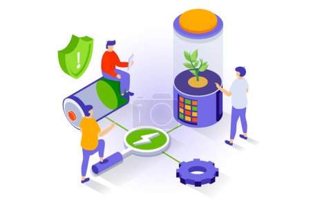 Illustration for Eco lifestyle concept in 3d isometric design. People use green energy generation to charge and recharge batteries, implement clean innovations. Vector illustration with isometry scene for web graphic - Royalty Free Image