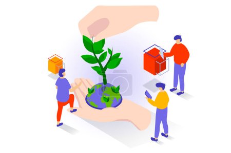 Illustration for Eco lifestyle concept in 3d isometric design. People care about environment and nature of planet, using environmentally friendly technologies. Vector illustration with isometry scene for web graphic - Royalty Free Image