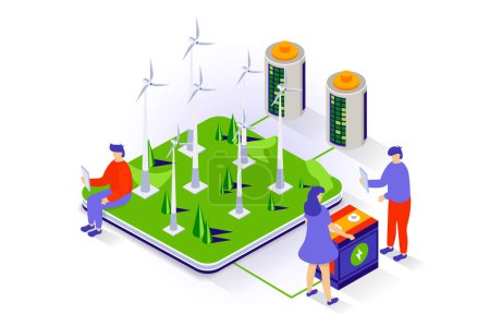 Illustration for Eco lifestyle concept in 3d isometric design. People use wind turbines station to generate green electricity and charge and recharge battery. Vector illustration with isometry scene for web graphic - Royalty Free Image
