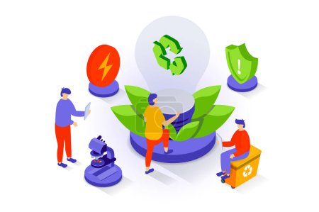 Illustration for Eco lifestyle concept in 3d isometric design. People using renewable energy resource for generate electricity, recycle garbage, save planet. Vector illustration with isometry scene for web graphic - Royalty Free Image