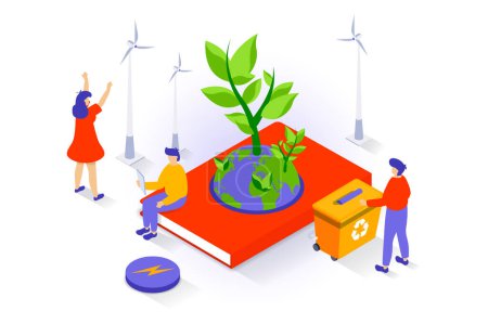 Illustration for Eco lifestyle concept in 3d isometric design. People using wind turbines station, protecting plants on planet, recycle garbage and zero waste. Vector illustration with isometry scene for web graphic - Royalty Free Image