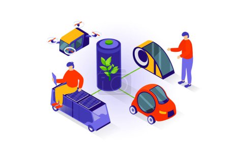 Illustration for Eco lifestyle concept in 3d isometric design. People using clean green energy with recharge battery for charging electric cars and drones. Vector illustration with isometry scene for web graphic - Royalty Free Image