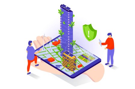 Illustration for Eco lifestyle concept in 3d isometric design. People using green energy technology and waste management in smart city with eco infrastructure. Vector illustration with isometry scene for web graphic - Royalty Free Image