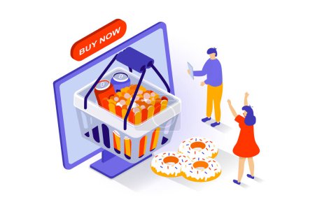 Illustration for Food delivery concept in 3d isometric design. People order fast food meals in supermarket basket and paying online for purchases and shipping. Vector illustration with isometry scene for web graphic - Royalty Free Image