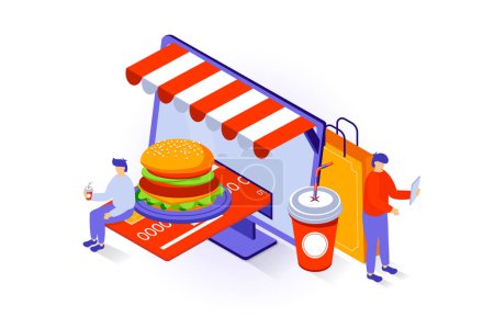 Ilustración de Concepto de entrega de alimentos en diseño isométrico 3d. Personas que ordenan hamburguesas y bebidas, pagando online por compras y envíos con tarjeta de crédito. Ilustración vectorial con escena isométrica para gráfico web - Imagen libre de derechos