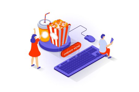 Illustration for Food delivery concept in 3d isometric design. People ordering popcorn and drink, paying online for snacks and shipping at home using computer. Vector illustration with isometry scene for web graphic - Royalty Free Image