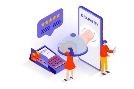 Illustration for Food delivery concept in 3d isometric design. People ordering meals at restaurant, paying online and receive dishes with courier shipping. Vector illustration with isometry scene for web graphic - Royalty Free Image