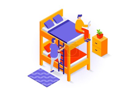 Illustration for Home interior concept in 3d isometric design. People preparing to sleep in bedroom with bunk bed with ladder, blanket and pillows, nightstand. Vector illustration with isometry scene for web graphic - Royalty Free Image