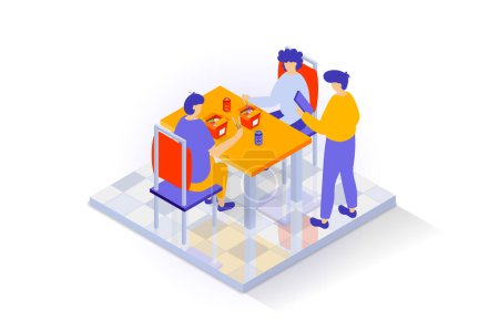 Illustration for Home interior concept in 3d isometric design. People in dining room with tile flooring sitting on chairs at table and eating fast food meals. Vector illustration with isometry scene for web graphic - Royalty Free Image