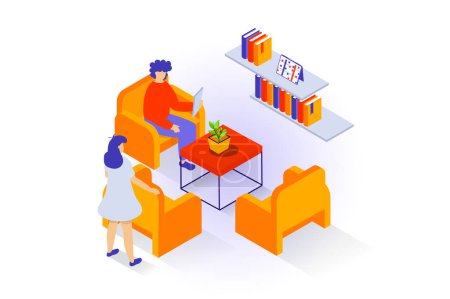 Illustration for Home interior concept in 3d isometric design. People sitting in armchairs at table with plant, bookshelves on wall in library or living room. Vector illustration with isometry scene for web graphic - Royalty Free Image