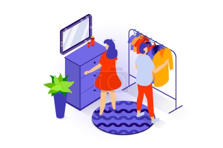 Illustration for Home interior concept in 3d isometric design. People stand in wardrobe room with dresser and mirror, clothes on hangers, pot plant and carpet. Vector illustration with isometry scene for web graphic - Royalty Free Image