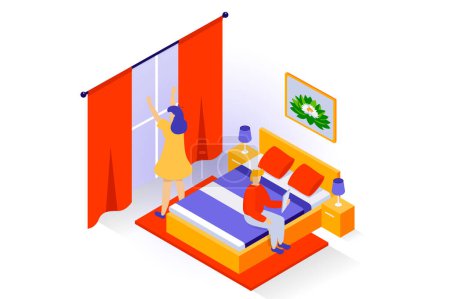 Illustration for Home interior concept in 3d isometric design. People in bedroom with double bed, pillows and blanket, nightstands with lamps, window curtains. Vector illustration with isometry scene for web graphic - Royalty Free Image