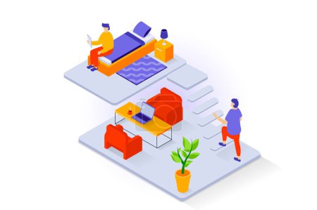 Illustration for Home interior concept in 3d isometric design. People in duplex apartment with small bedroom and workspace with laptop table and armchairs. Vector illustration with isometry scene for web graphic - Royalty Free Image