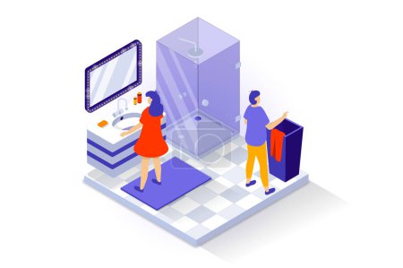 Illustration for Home interior concept in 3d isometric design. People stand in bathroom with shower cabin, washbasin and mirror, laundry basket, tile flooring. Vector illustration with isometry scene for web graphic - Royalty Free Image