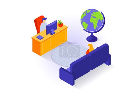 Illustration for Home interior concept in 3d isometric design. People in boss office or reception room with desk and computer, globe and big sofa for visitors. Vector illustration with isometry scene for web graphic - Royalty Free Image