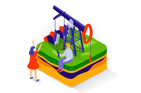 Illustration for Oil industry concept in 3d isometric design. People work at petroleum factory by derrick and machinery for extraction crude energy resources. Vector illustration with isometry scene for web graphic - Royalty Free Image