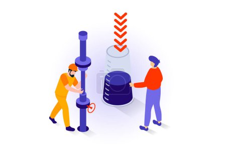 Illustration for Oil industry concept in 3d isometric design. People work at oil production plant, making research at test tube, check and control pipeline. Vector illustration with isometry scene for web graphic - Royalty Free Image