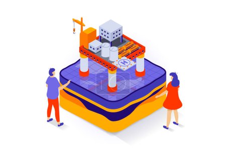 Illustration for Oil industry concept in 3d isometric design. People work at petroleum platform with machinery infrastructure for fuel production and storage. Vector illustration with isometry scene for web graphic - Royalty Free Image