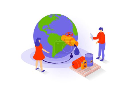 Illustration for Oil industry concept in 3d isometric design. People selling petroleum products and transporting in barrels and canister to global fuel market. Vector illustration with isometry scene for web graphic - Royalty Free Image