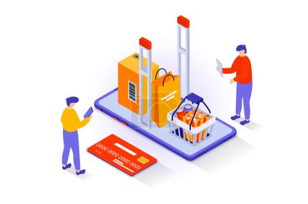 Illustration for Online shopping concept in 3d isometric design. People purchasing food in supermarket webpage with packaging delivering, pay credit card. Vector illustration with isometry scene for web graphic - Royalty Free Image