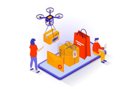 Photo for Online shopping concept in 3d isometric design. People making purchases in store webpage using mobile app, ordering delivery by flying drone. Vector illustration with isometry scene for web graphic - Royalty Free Image