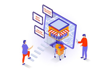 Illustration for Online shopping concept in 3d isometric design. People making purchases in store webpage with advertising offers, ordering and paying in app. Vector illustration with isometry scene for web graphic - Royalty Free Image