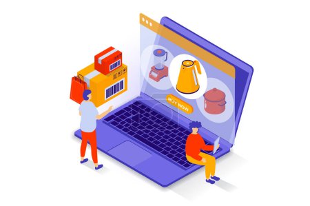Illustration for Online shopping concept in 3d isometric design. People choosing kitchen appliance at store assortment webpage, ordering and paying at laptop. Vector illustration with isometry scene for web graphic - Royalty Free Image